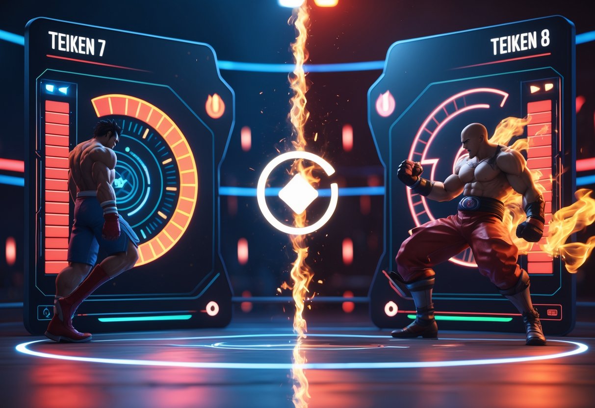 Side-by-side 3D rendering of two fighting game interfaces showing different heat meters and characters in fighting poses with fiery effects.