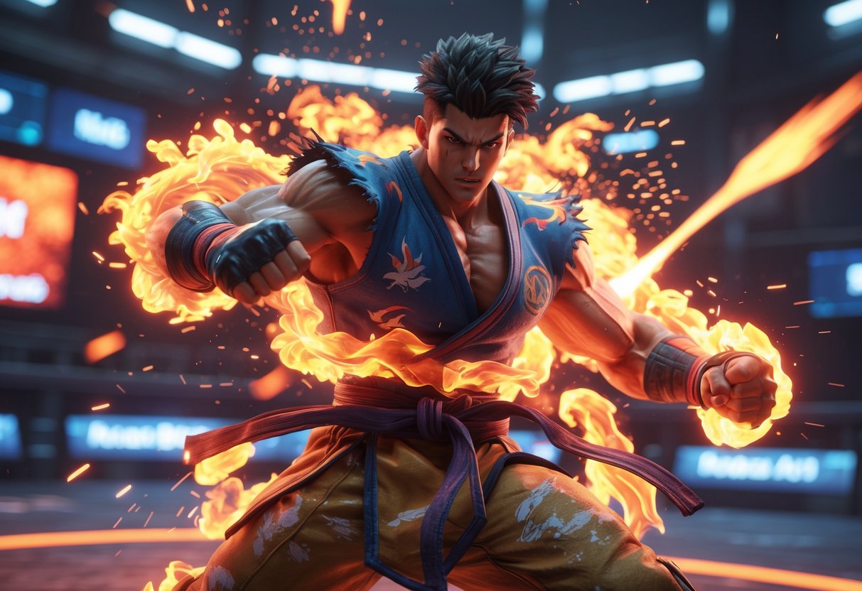 A fighter in a futuristic arena surrounded by glowing red and orange flames, preparing to unleash a powerful attack.