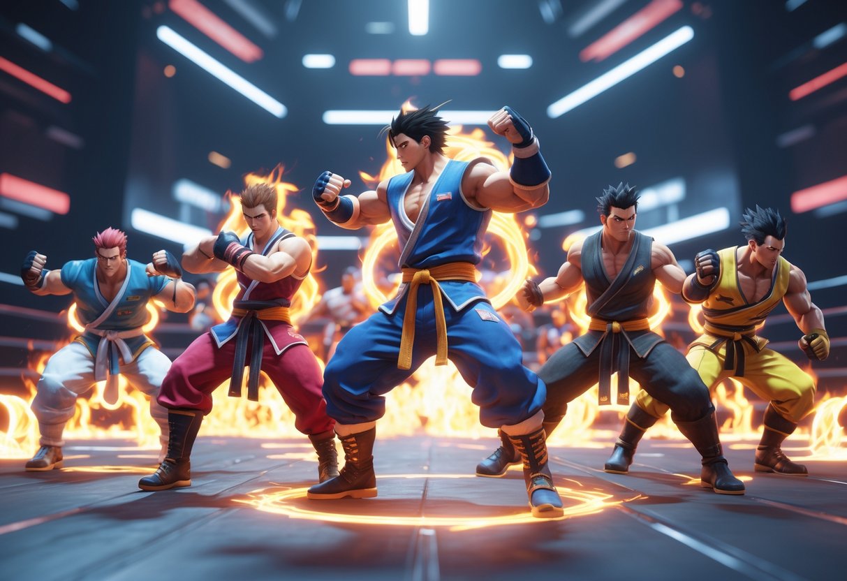 Several fighters in a futuristic arena are posed ready for battle with glowing energy effects around them.