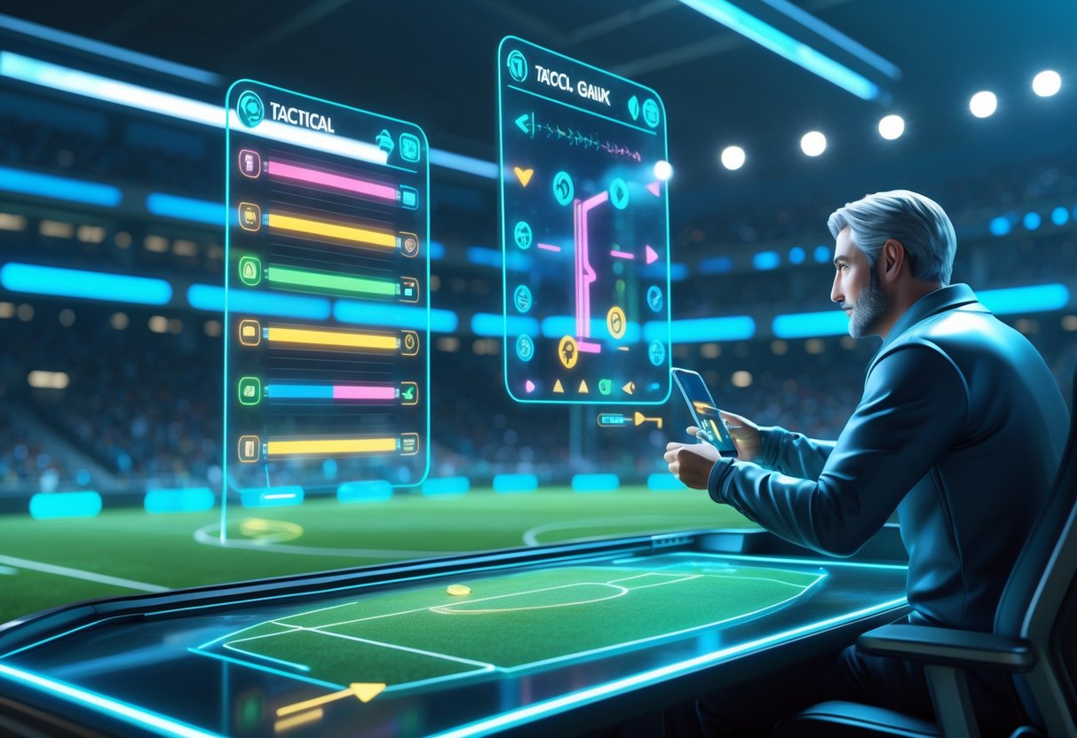 A 3D scene showing a virtual sports coach adjusting tactical formations on a transparent screen with holographic player ranks and action points in a digital stadium environment.