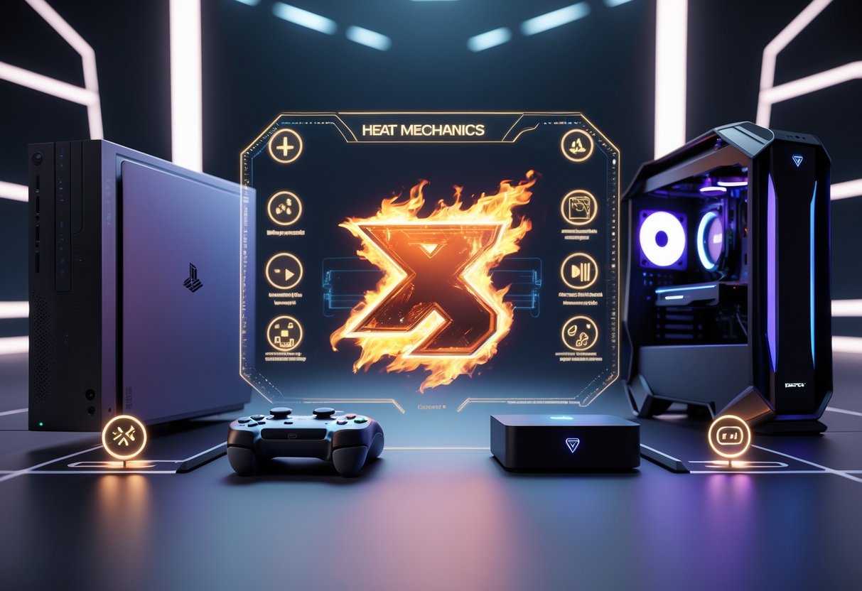 A 3D scene showing a gaming console and a PC setup side by side with a fiery holographic Tekken 8 logo and glowing icons representing accessibility features between them.