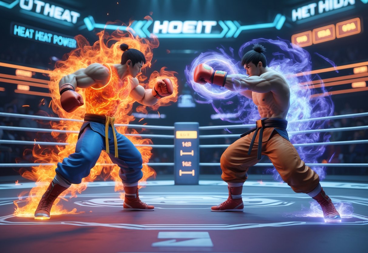 Two fighters in a high-tech arena using glowing heat energy during an intense martial arts battle.