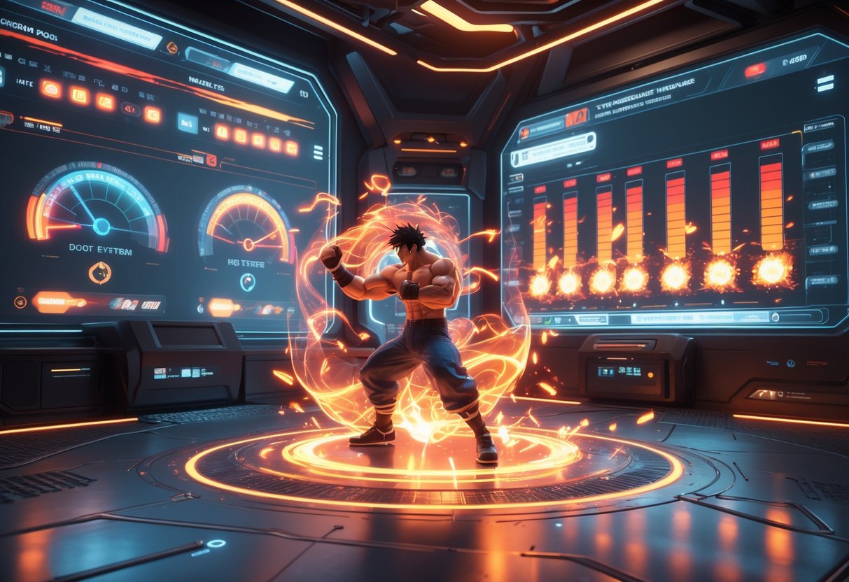 A character in a fighting stance surrounded by glowing heat waves and holographic displays showing energy bars and combat training equipment.