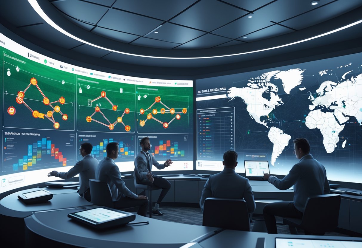 A modern football scouting and tactics room with analysts reviewing player data and tactical diagrams on large digital screens.