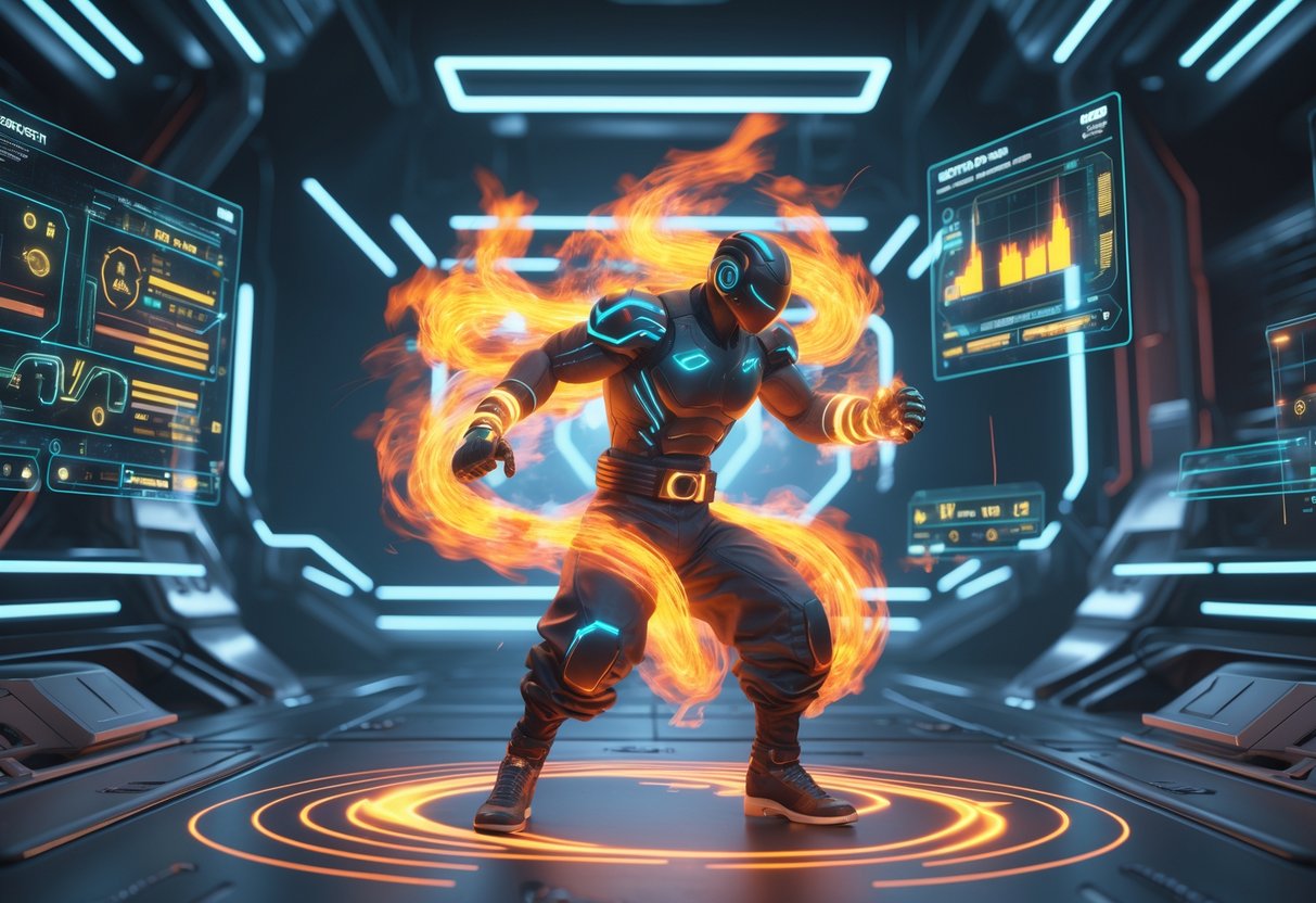 A futuristic fighter surrounded by glowing heat energy waves and holographic displays in a high-tech arena.