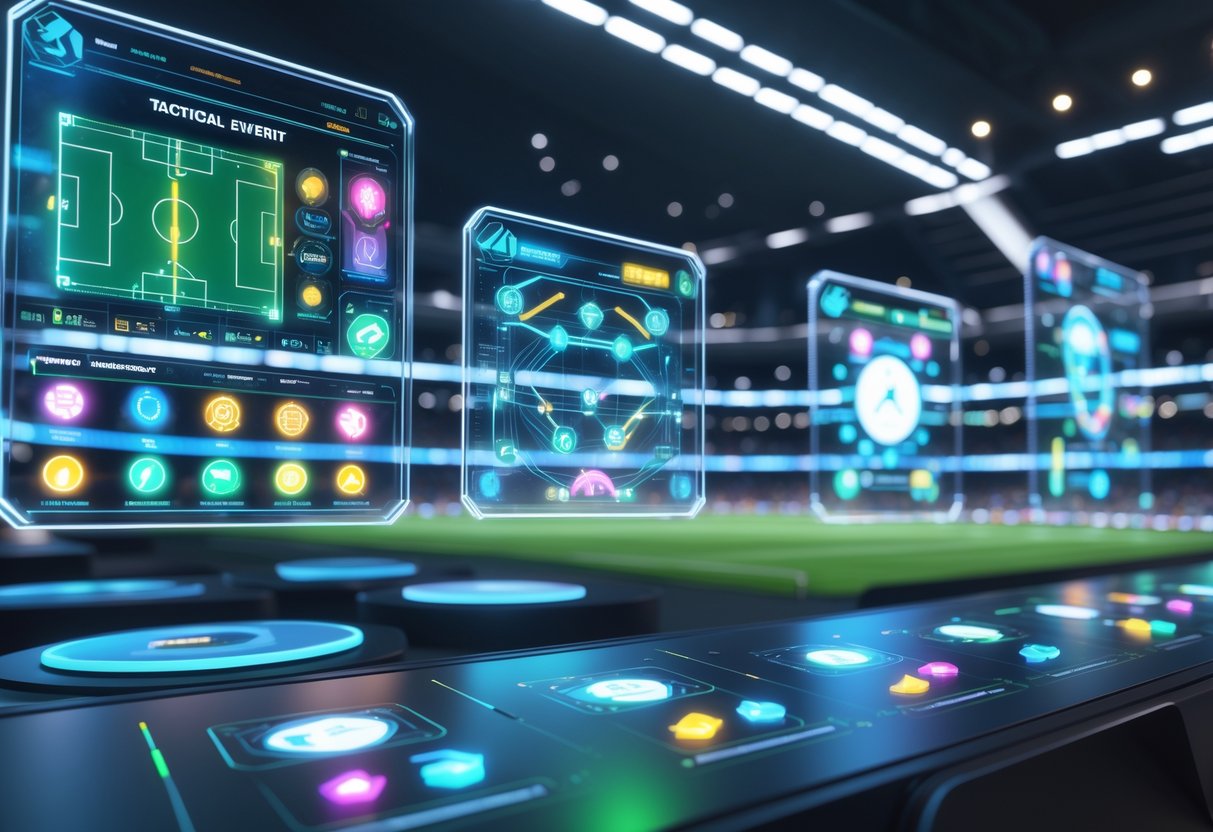 A futuristic control room with floating holographic screens showing sports tactics, player formations, and reward system icons above a digital stadium model.