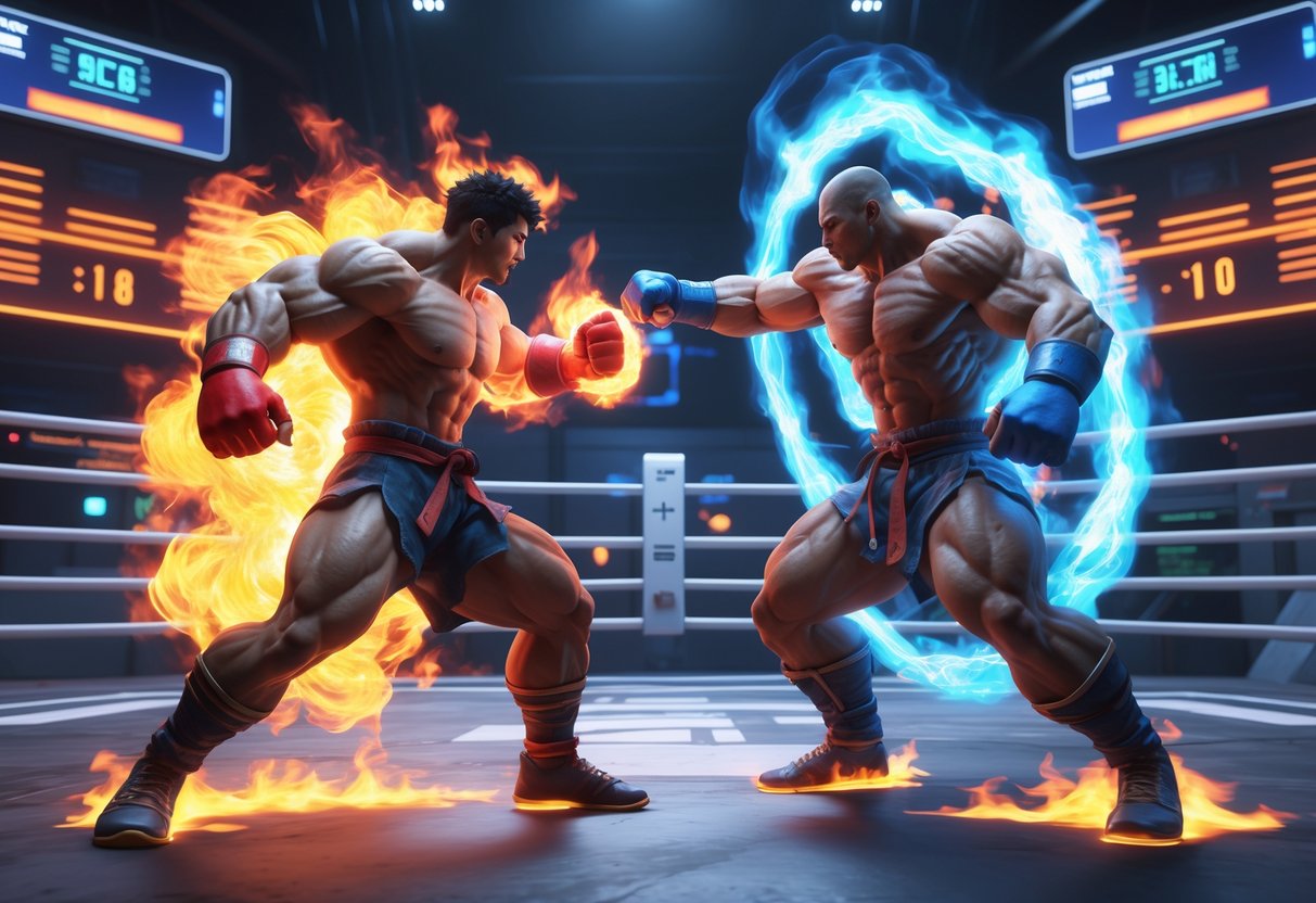 Two fighters engaged in a heated battle with glowing energy effects in a futuristic arena.