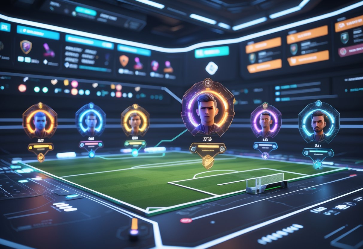 A 3D scene showing a holographic football pitch with glowing player avatars in different colours representing their rarity and upgrades, surrounded by floating icons and progress bars indicating tactical changes.