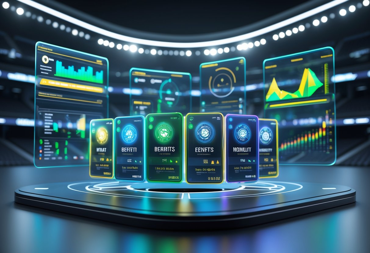 A futuristic digital dashboard showing holographic cards and tactical football strategy with player stats and charts in a stadium setting.