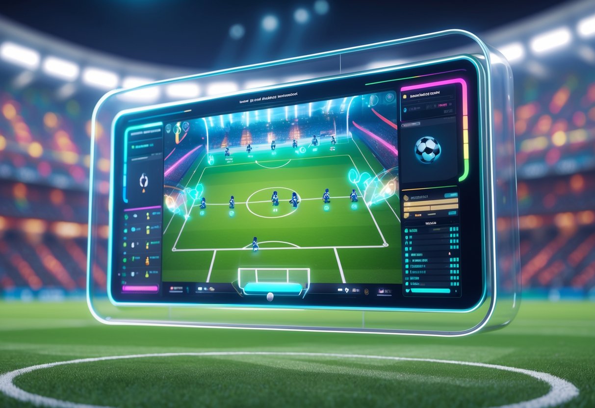 A 3D digital football tactical interface showing player positions and movement arrows over a football pitch in a stadium.