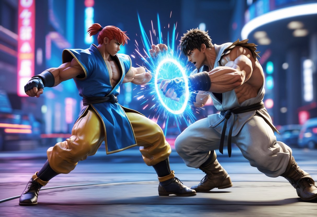 Two fighters in a futuristic city arena performing a precise defensive move during a fast-paced battle.