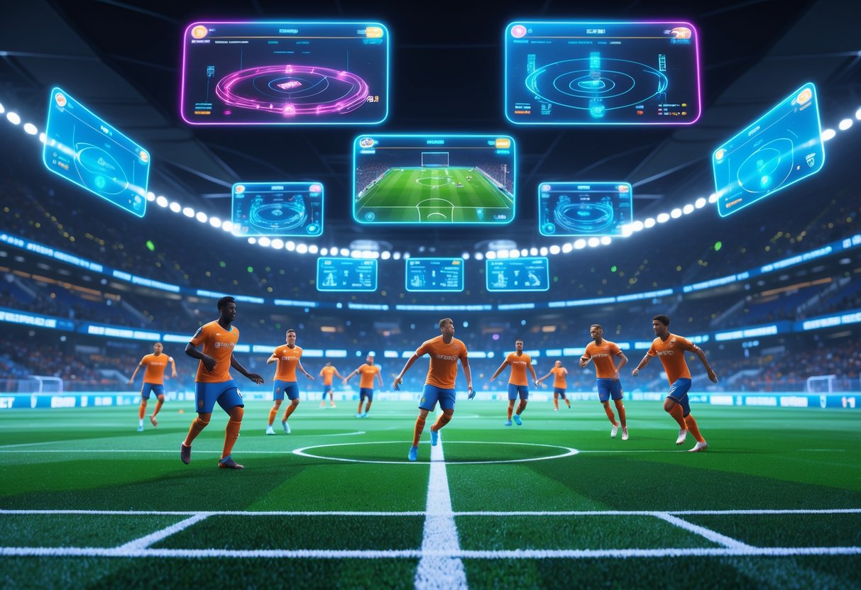 A futuristic football stadium with holographic tactical displays and virtual players in action on the pitch.