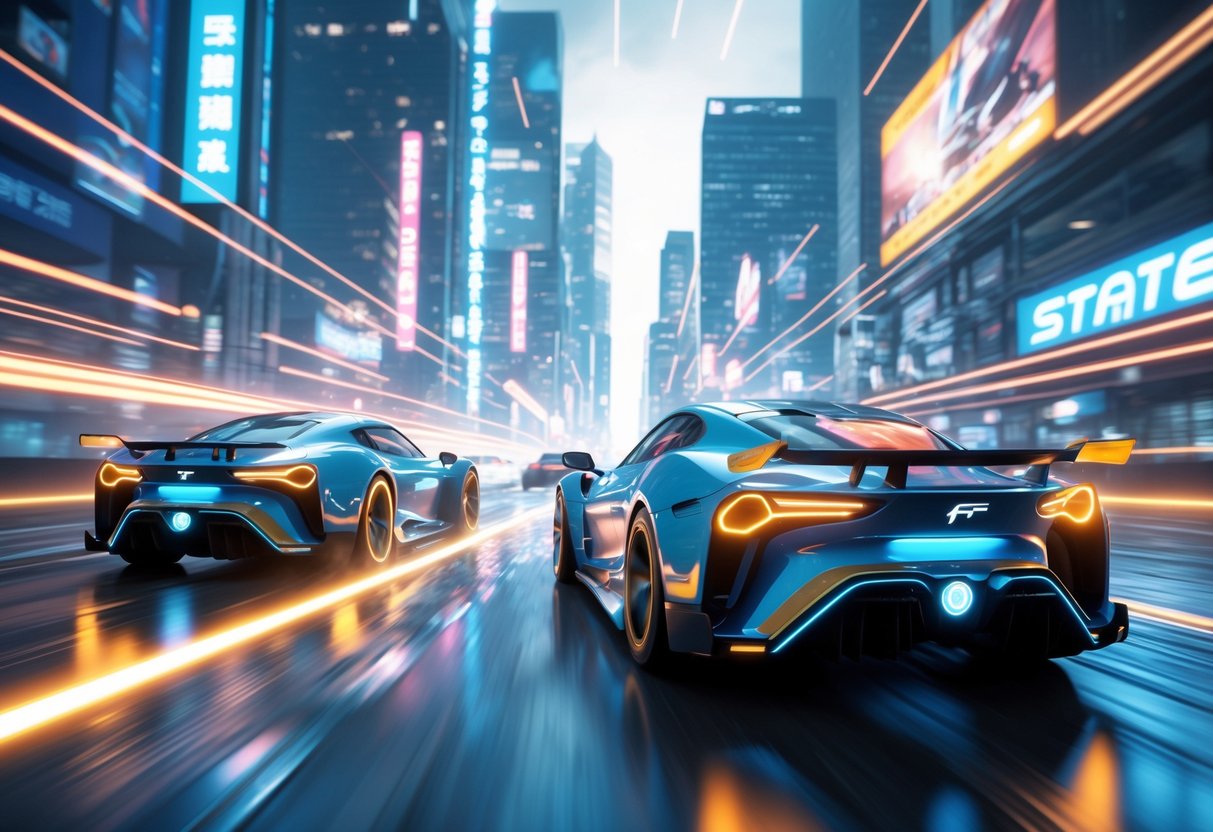A night-time city street with futuristic sports cars racing at high speed, surrounded by glowing neon lights and tall buildings.