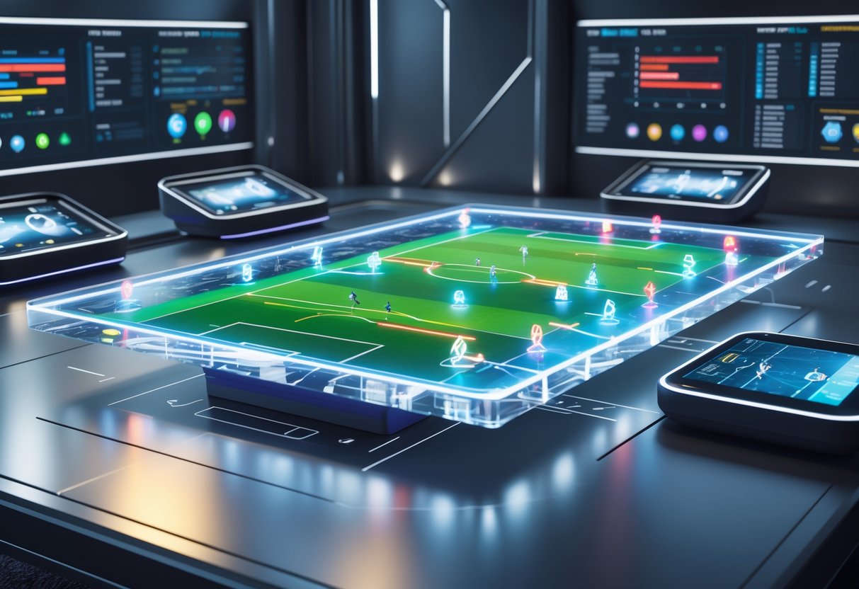A futuristic room with a holographic football pitch showing player movements and tactical data on a central display table.