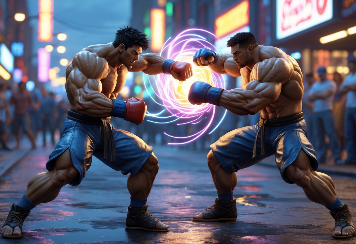 Two fighters in an urban street setting performing a defensive counterattack move with energy effects around their fists.