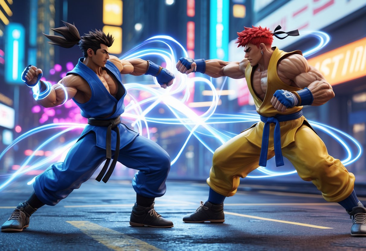 Two fighters performing connected combo moves with glowing energy trails in a futuristic urban street setting.
