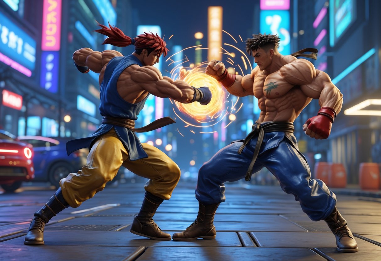 Two fighters engaged in a dynamic battle on a neon-lit urban street, one attacking while the other blocks, illustrating strategic combat mechanics.