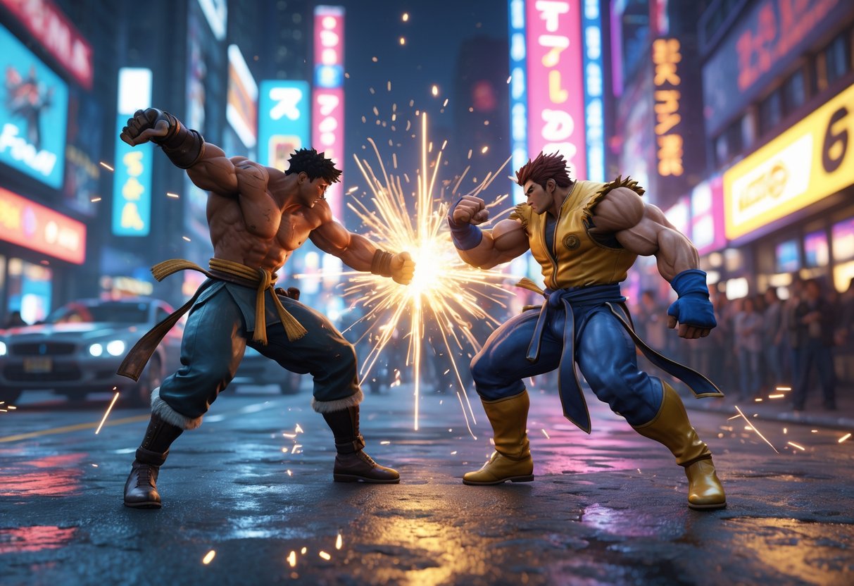Two fighters engaged in a dynamic combat scene in a neon-lit urban arena, showing energy effects around them as they perform special moves.