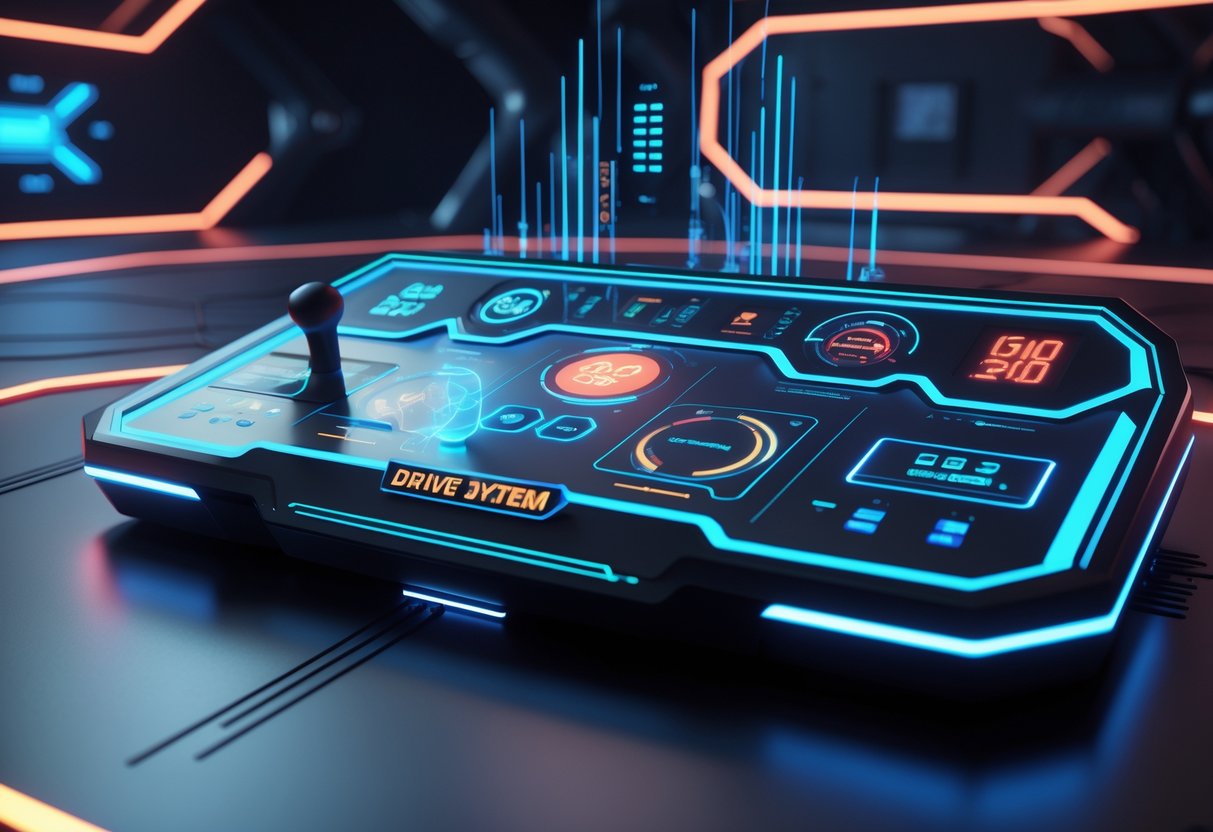 A futuristic gaming control panel with glowing neon lights and energy effects in a dark high-tech arena.