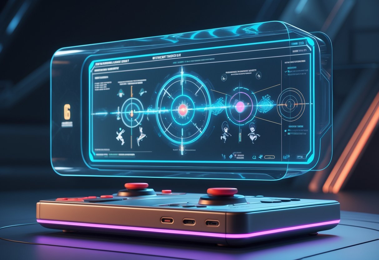 A futuristic digital console displaying holographic diagrams of a fighting game control system with character silhouettes and glowing effects in a dark high-tech setting.