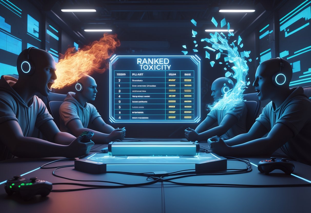 A futuristic gaming arena with five avatars showing different toxic behaviours in ranked games, including anger, ignoring teammates, sabotage, rage quitting, and spamming, around a glowing leaderboard.