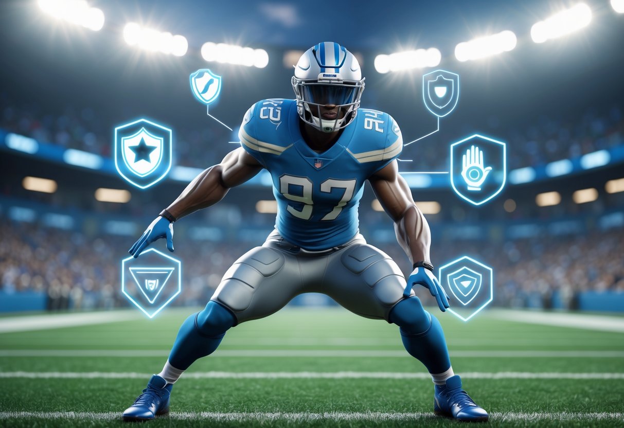 An American football defensive player in action on a stadium field with glowing icons representing different defensive abilities around them.