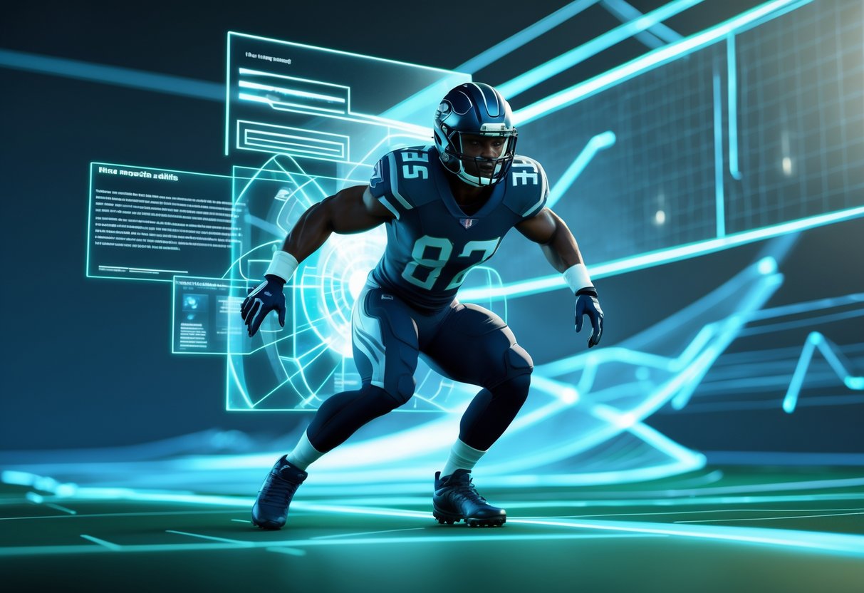 A 3D image of a football defensive player surrounded by glowing holographic shapes representing strategic abilities on a digital grid background.