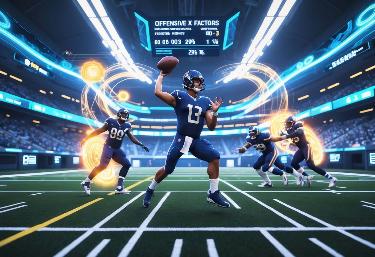A futuristic American football player throwing a pass in a high-tech stadium with glowing effects showing enhanced abilities and teammates moving quickly on the field.
