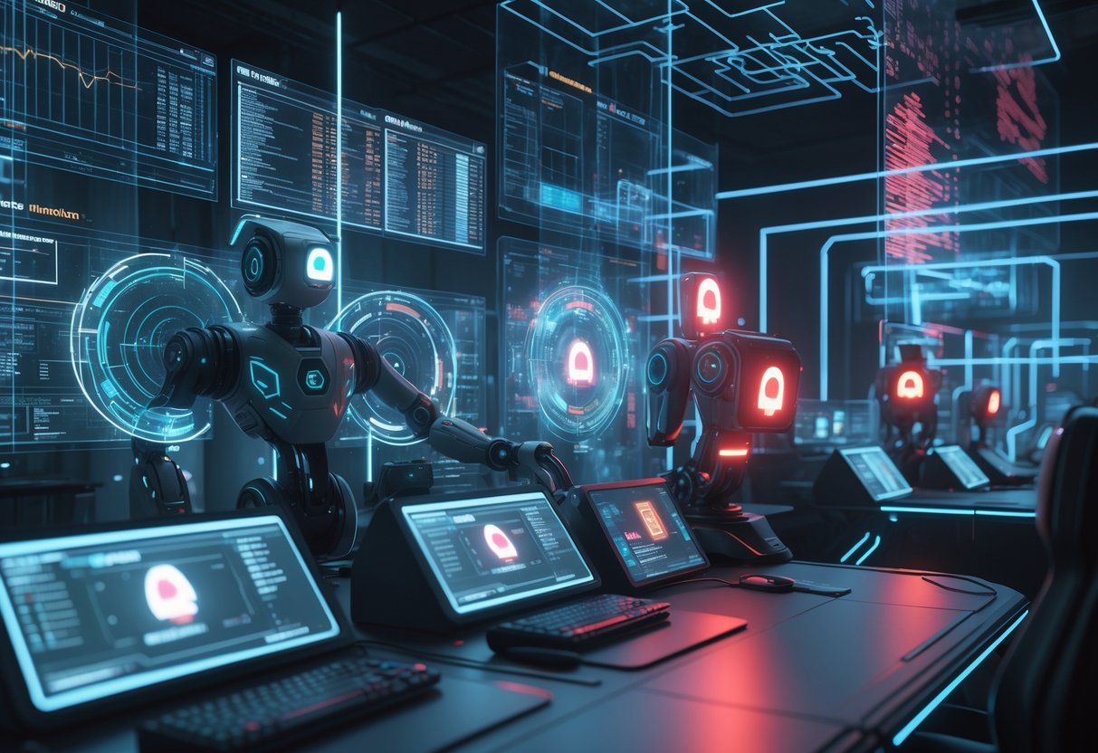 A futuristic control room with holographic screens and robotic systems monitoring player behaviour in ranked games, showing glowing avatars indicating different toxicity levels.