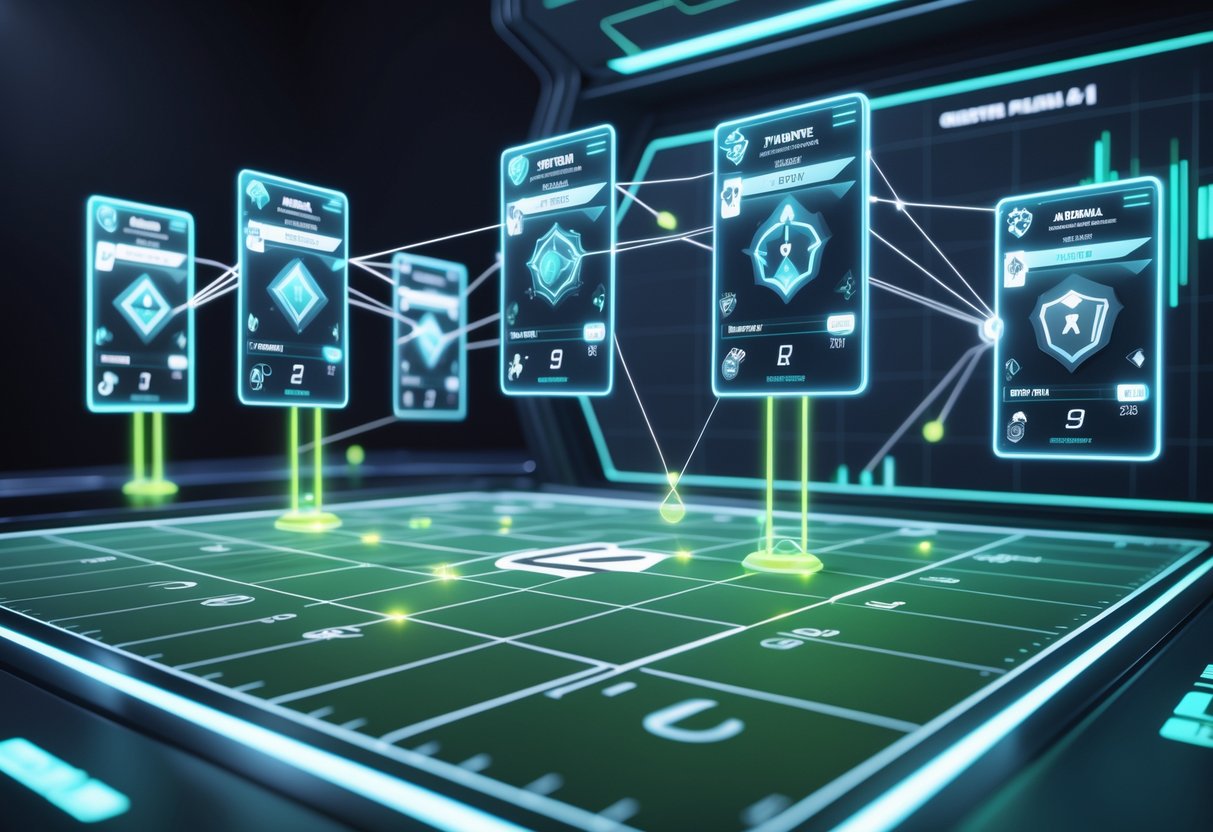 A 3D digital sports strategy board showing floating player cards and glowing lines over a virtual football field, representing changing team abilities.