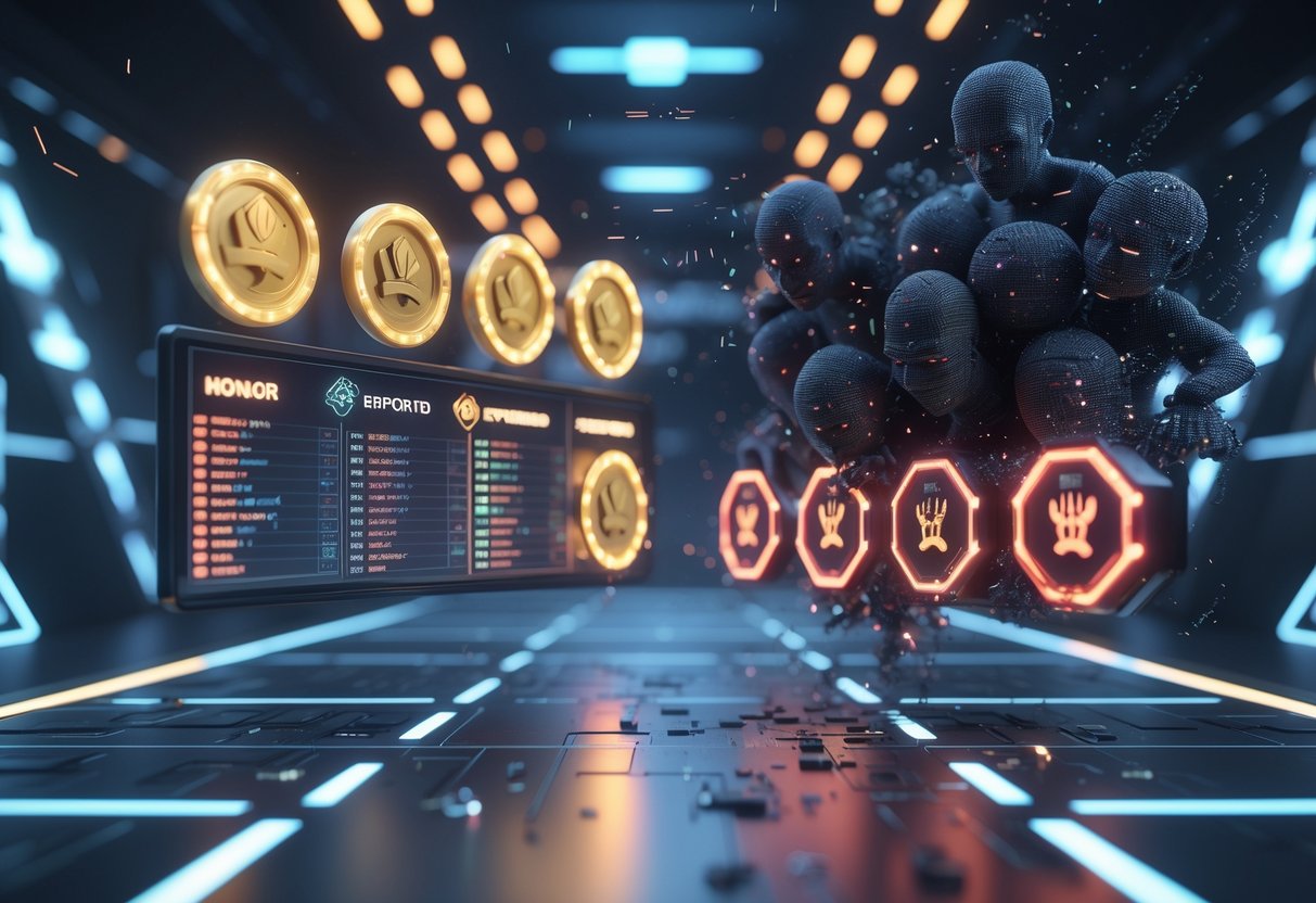 A digital scene showing glowing trophies and badges on one side and broken, dark trophies on the other, with a storm of fragmented pixels between them in a futuristic gaming arena.