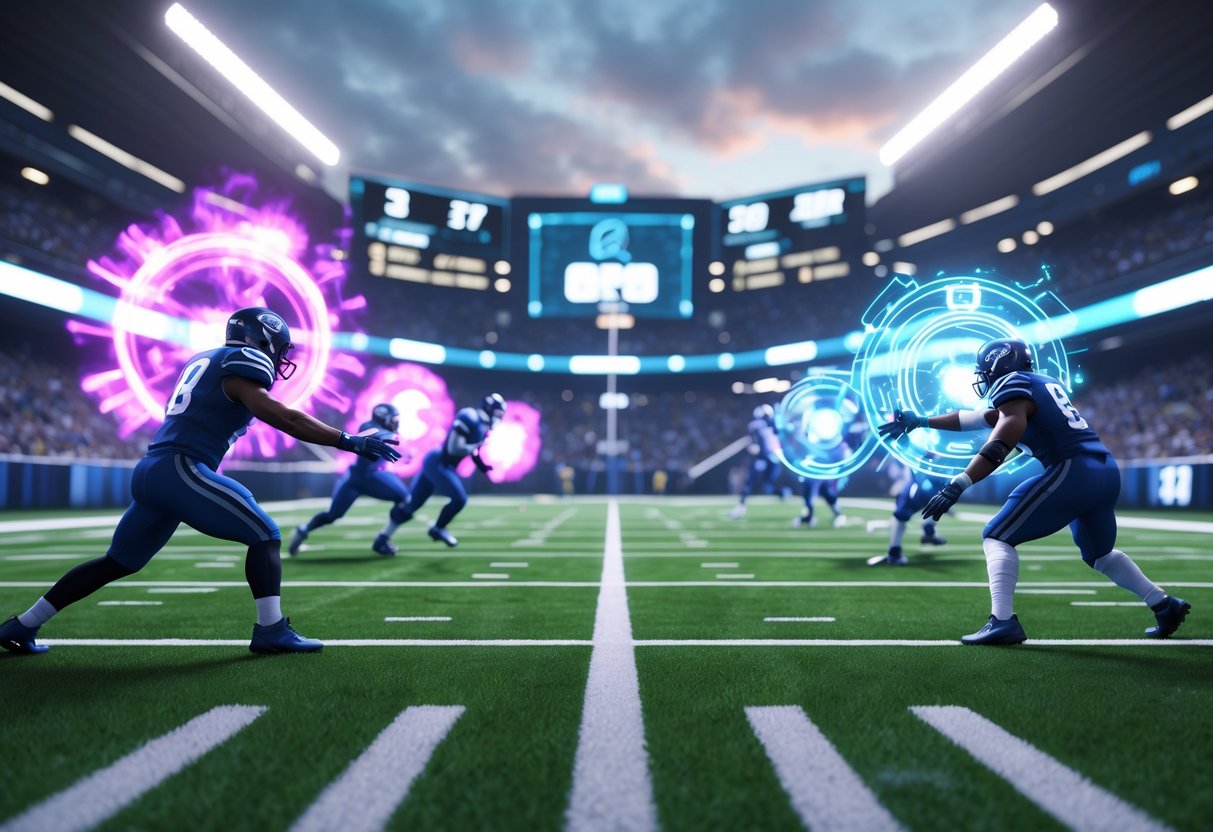 A 3D scene of two American football teams facing off on a futuristic field, with players using glowing energy effects to represent special abilities and strategic moves.