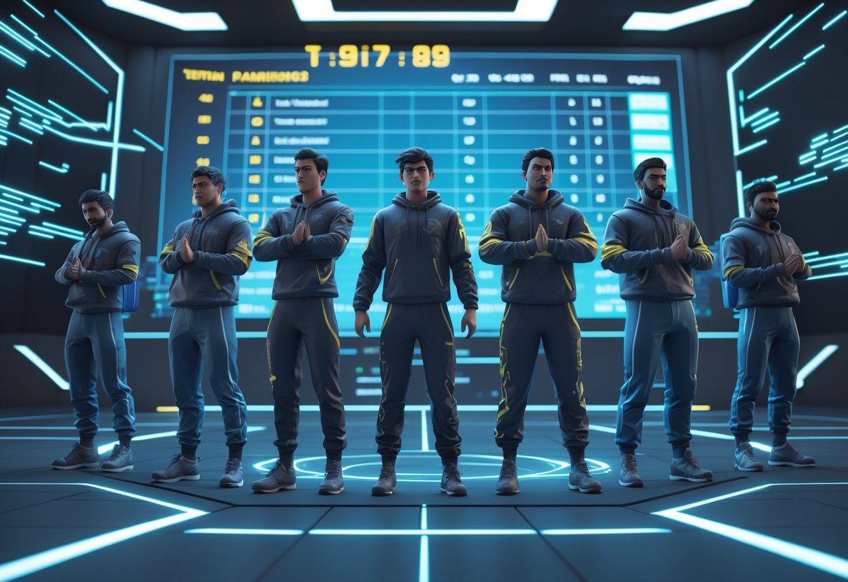 A group of five futuristic avatars on a digital battlefield showing different emotions, with holographic scoreboard and visual effects representing tension and toxic communication in a ranked game.