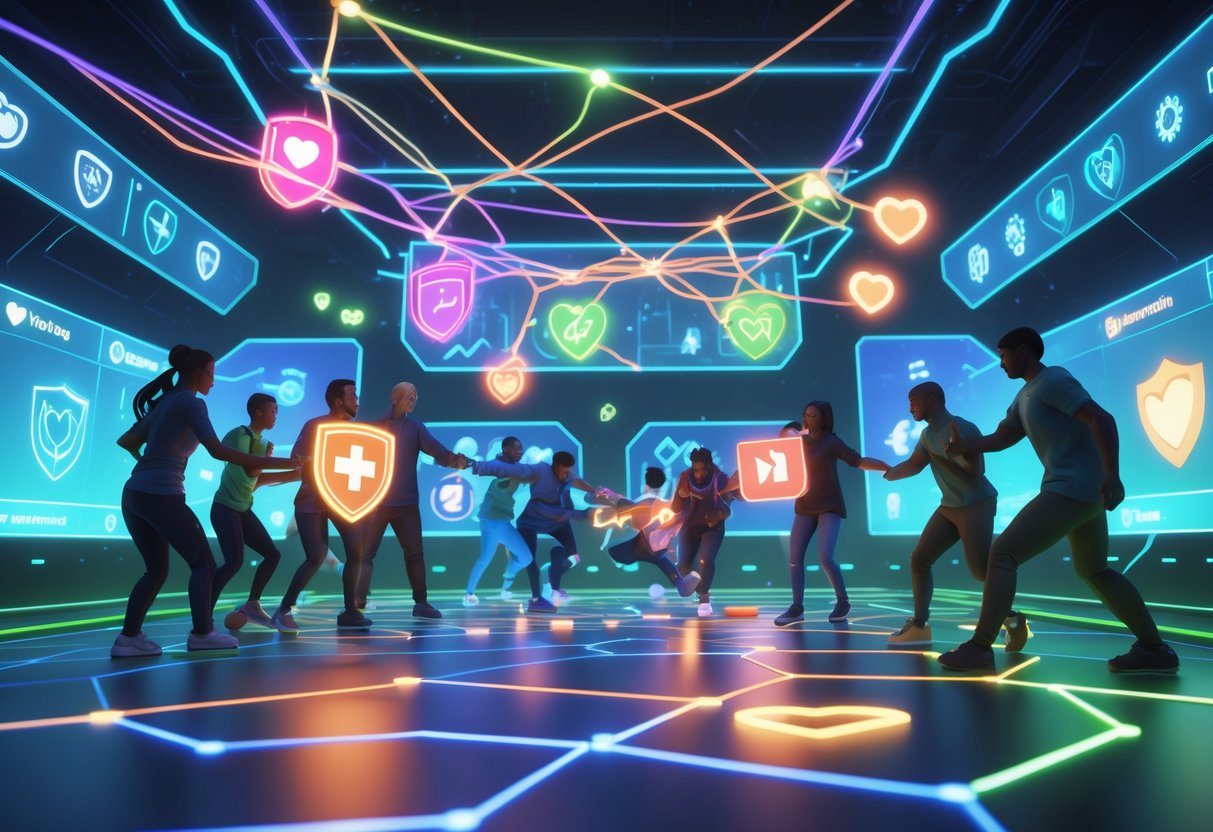 A 3D scene of glowing avatars connected by colourful energy threads in a futuristic gaming arena, showing players helping each other and blocking negative energy to promote teamwork and positivity.