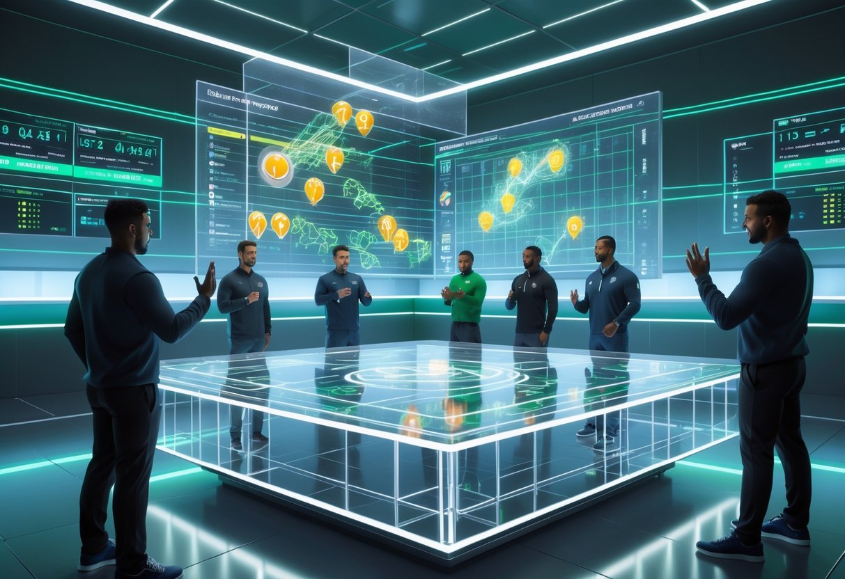 A group of coaches and analysts stand around a holographic table displaying football plays and player abilities in a high-tech strategy room.