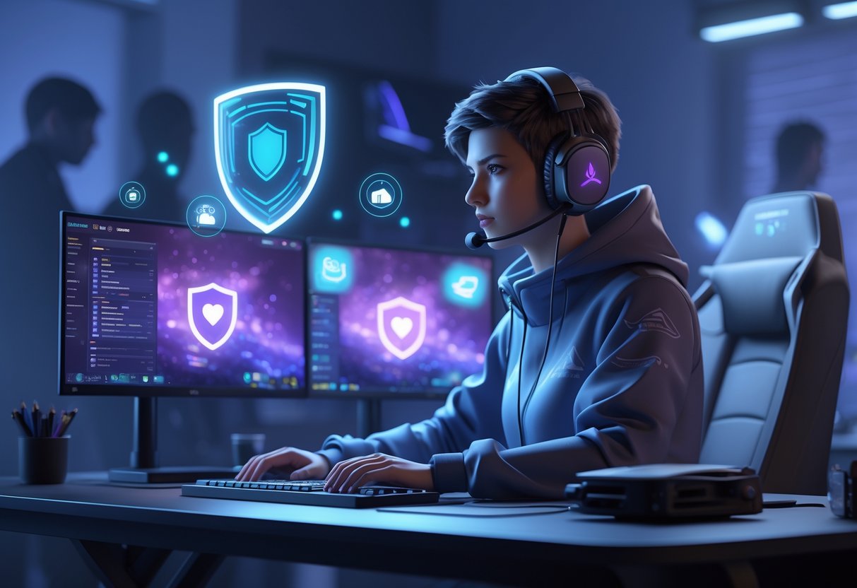 A focused gamer at a desk with multiple monitors showing a ranked game, surrounded by symbols of coping and positivity while shadowy figures fade in the background.