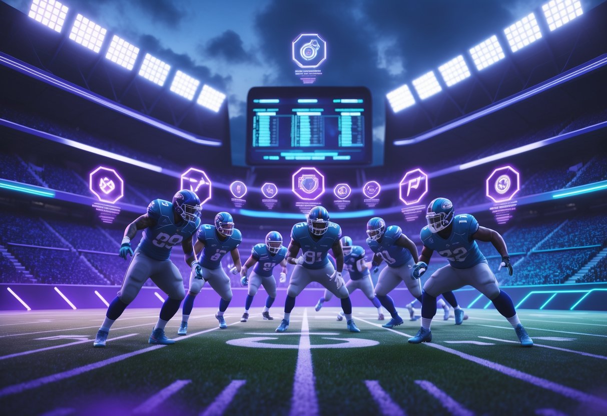 A group of football players on a stadium field surrounded by glowing holographic icons representing special abilities, with a digital scoreboard and stadium lights in the background.