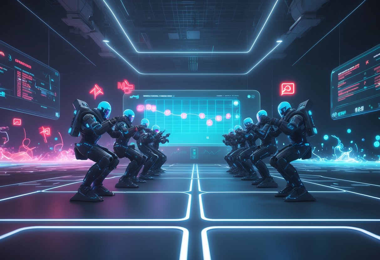 A futuristic digital gaming arena showing two teams of holographic players facing each other with floating screens displaying abstract symbols of toxicity and player behaviour, set in a neon-lit environment.