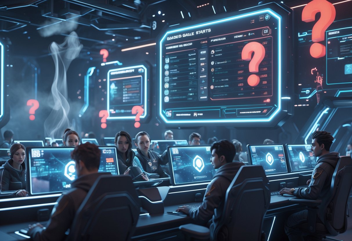 A 3D scene of players in a digital gaming arena showing competitive gameplay with some characters looking frustrated and others focused, surrounded by visual elements representing toxicity and questions.