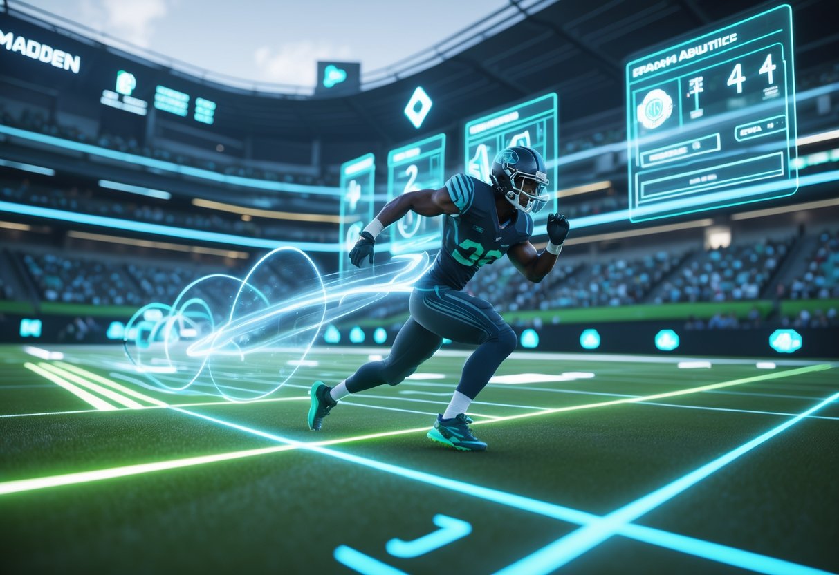 A futuristic football player performing a powerful move in a high-tech stadium with holographic displays showing player stats and strategy data.