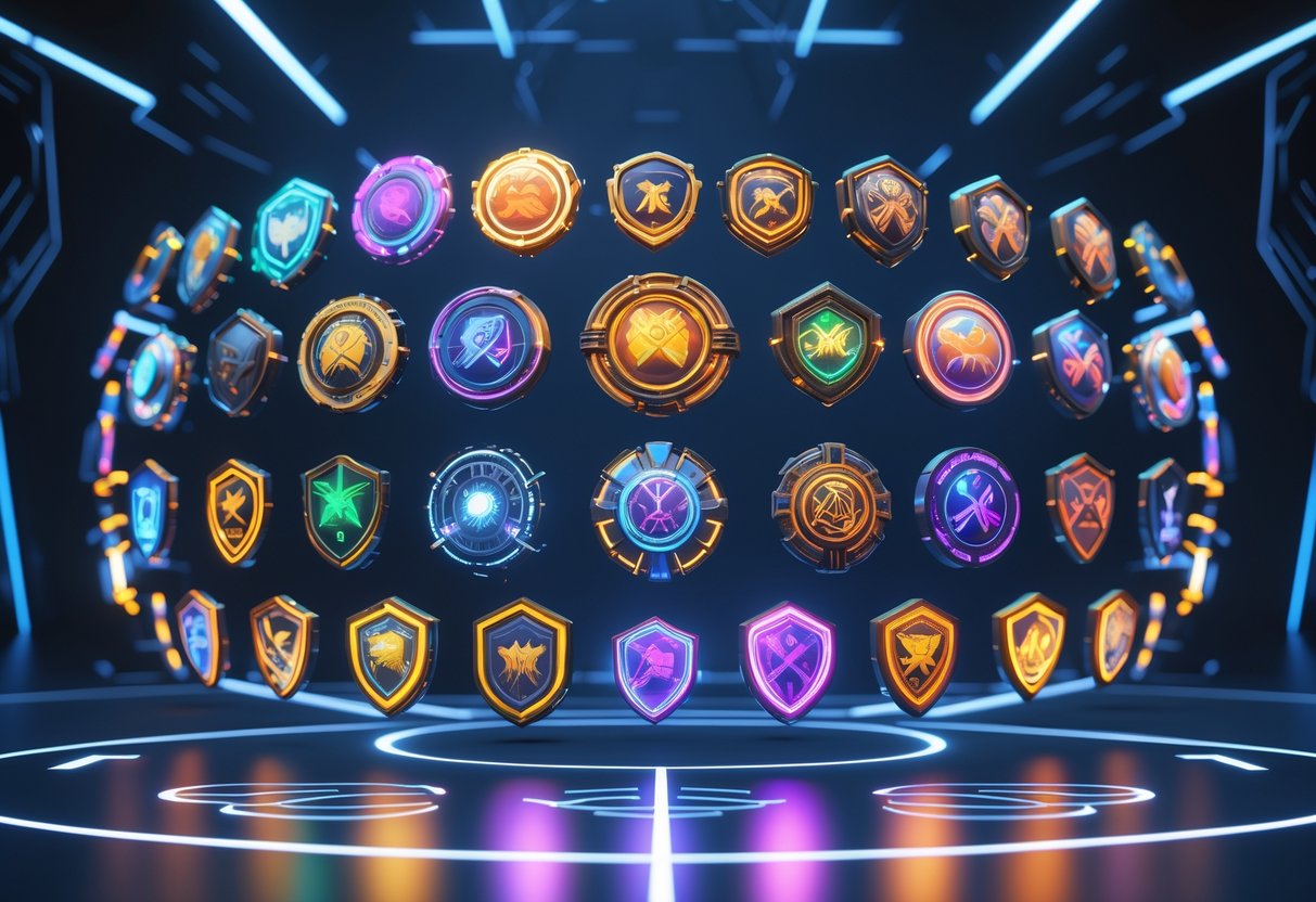 A circular arrangement of colourful, glowing basketball playmaking badges floating above a digital court in a dark, high-tech environment.
