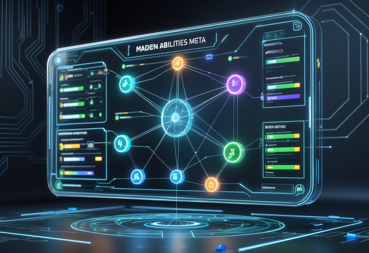 A futuristic holographic interface showing interconnected glowing nodes and abstract football player figures representing abilities and strategies.