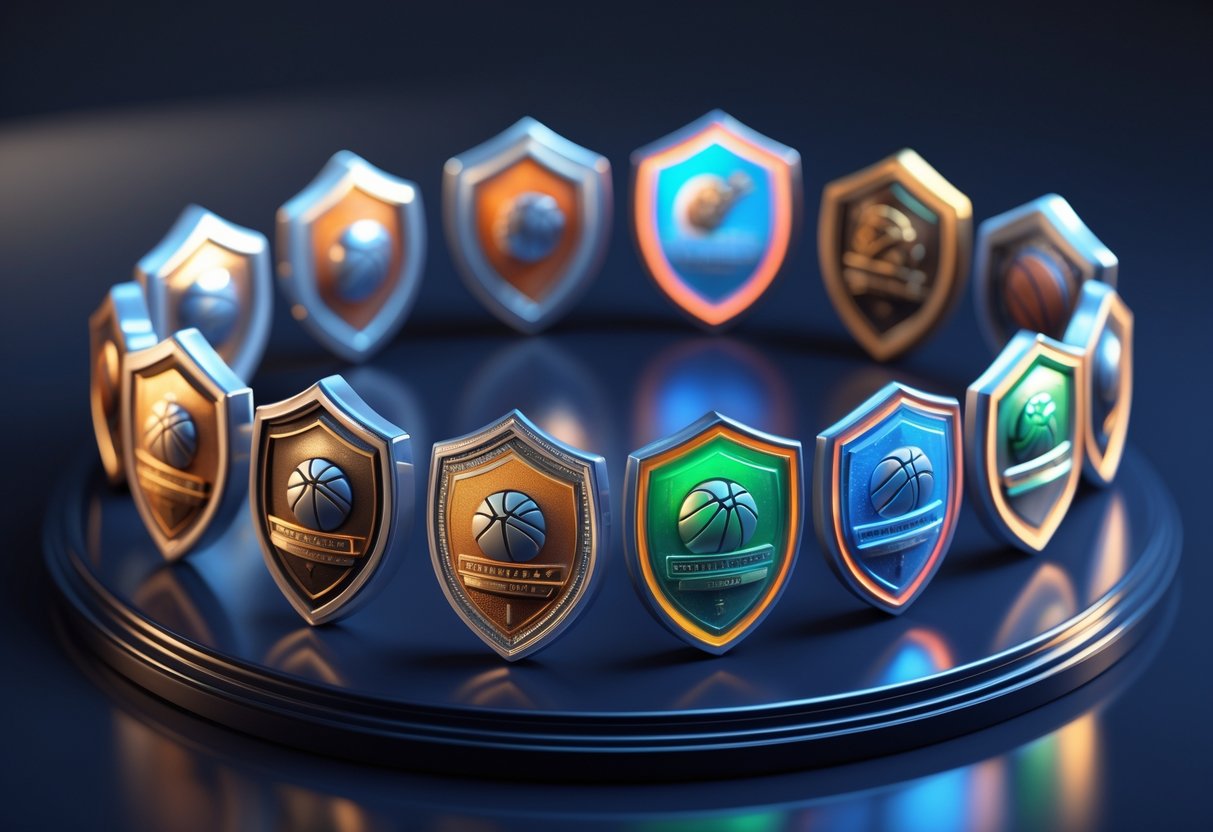 A collection of basketball badges representing defensive and rebounding skills arranged on a dark surface.