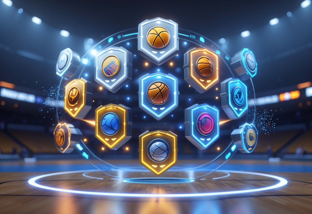 A 3D holographic display showing various glowing basketball skill badges arranged in a circle above a basketball court, with a basketball arena in the background.