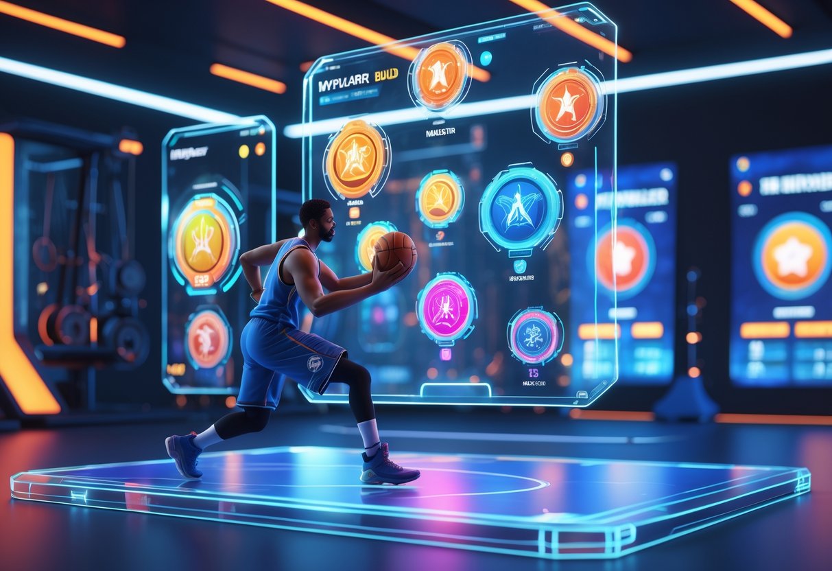 A basketball player in a futuristic training room interacting with floating holographic badges and digital interfaces representing skill upgrades.