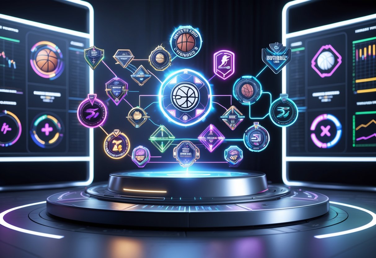A 3D scene showing a holographic basketball badge system with glowing icons and digital panels displaying advanced skill combinations.