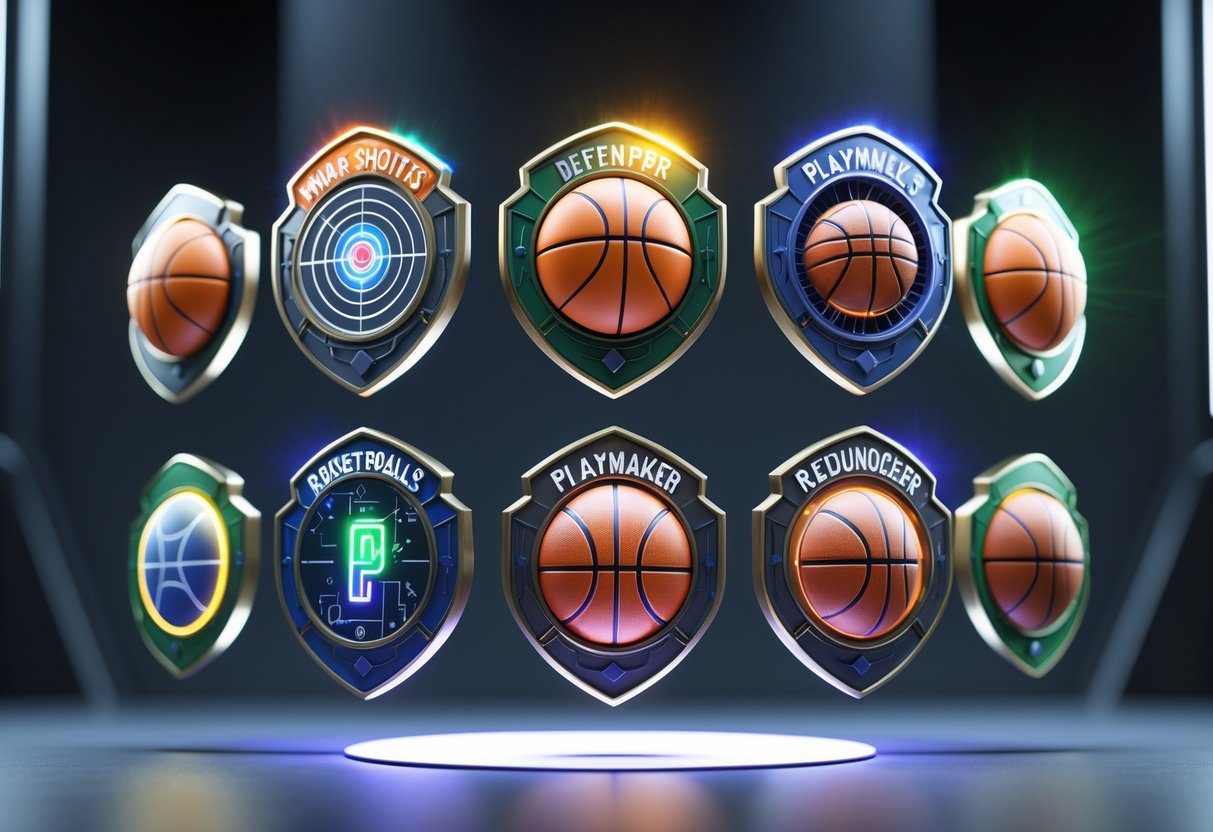 A collection of floating basketball badges representing different player skills and effects, arranged in a semi-circle against a dark background.