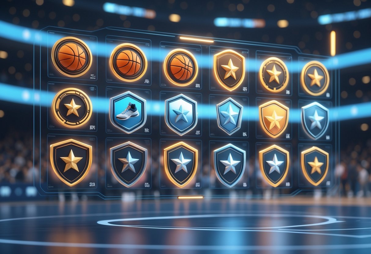 A 3D scene showing a futuristic basketball badge system interface with glowing icons and a basketball court in the background.