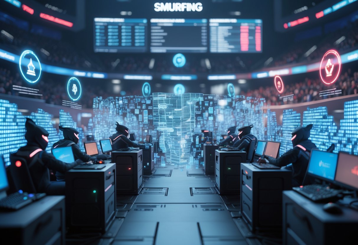 A 3D scene showing two groups of online gamers in a digital arena separated by a barrier of code, representing the problem of smurfing and efforts to maintain fair competition.