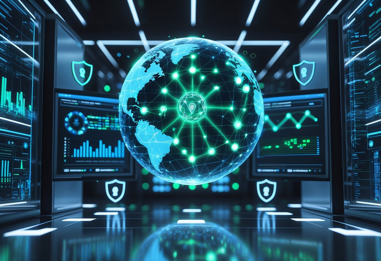 A futuristic cyber security control room showing a glowing holographic network map with interconnected nodes and data streams, surrounded by digital screens and server racks.